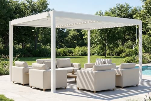 Cazeboo Pergola bioclimatique autoportée 4x3m Piana Aluminium Blanc avec 1 persienne Brise-Vue