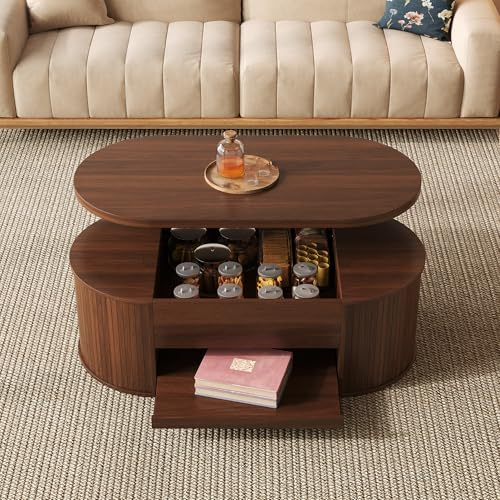 Merax Lift Top Coffee Table with Storage, Modern Coffee Table with Curved Wooden Sides, Extendable Shelf, Height Adjustable Lift-Up Tabletop, Multifunctional Centre Table for Living Room, Walnut Brown