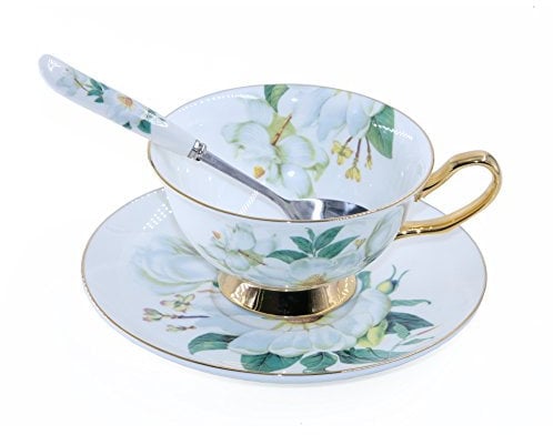 T Tocas Elegant Bone China Coffee Cup Teacup & Saucer & Teaspoon Set, 7oz (White Camellia Printing)