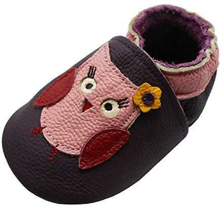 YIHAKIDS Premium Weich Leder Babyschuhe Krabbelschuhe Lauflernschuhe Kleinkind Lederschuhe mit Hübsche Eule(Size S,Dunkel violett,0-6 Monate,19/20 EU)