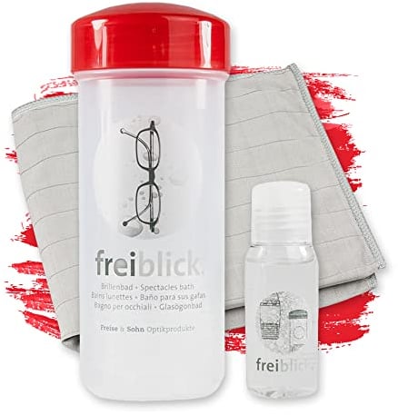 Freiblick Brillenbad (Rot) im Set mit 50ml Spezialreiniger und Mikrofasertuch | Brillenputztuch in Optiker Qualität | Brillenreinigung für jede Brille