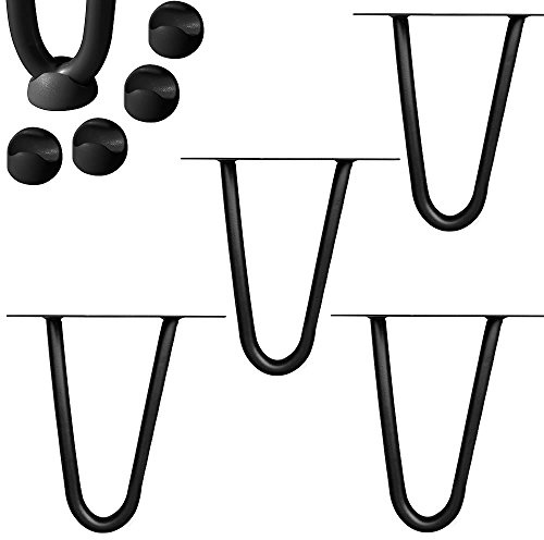Melko Hairpin Legs Tischbeine 4-teilig 12 mm Stahl 10 cm 2 Streben Schwarz | Haarnadelbeine aus Rundstahl, inkl. Bodenschoner und Befestigungsschrauben, vorgebohrte Löcher, für Couchtisch und Regal