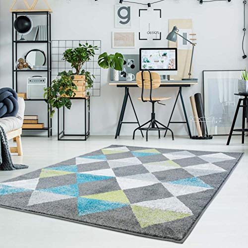 Teppich Wohnzimmer Modern - 80x150 cm Grau Blau Grün - Kurzflor Teppiche mit Raute-Optik