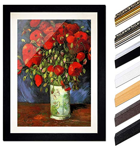 Bild mit Rahmen - Vincent van Gogh Vase mit roten Mohnblumen 20x30 cm ca. A4 - Gerahmter Kunstdruck inkl. Galerie Passepartout Alte Meister - Rahmen schwarz