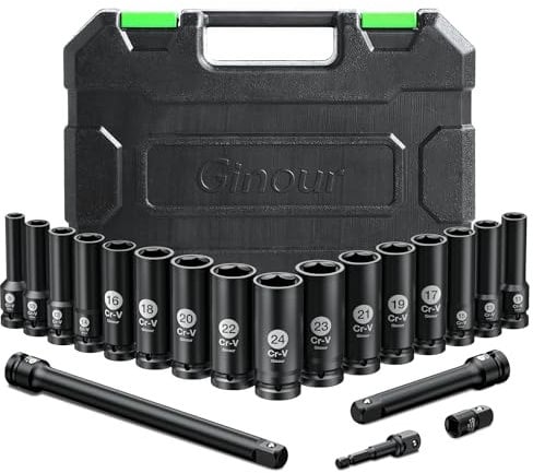 Ginour 20PCs Impact Socket Set 1/2 Inch, CR-V Drive Master Deep Impact Socket Set 8mm - 24mm, Metric, 6 Point, with 3pcs Drive Impact Extension Bar Set 3, 5,10