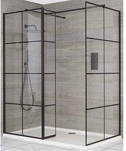 MILANO Black Grid Corner Shower Enclosure Return White Tray 1700 x 800mm | Toughened Glass Panels. Aluminium Profile. Contemporary Style. Framed Design. Corner Installation. White Tray & Waste.