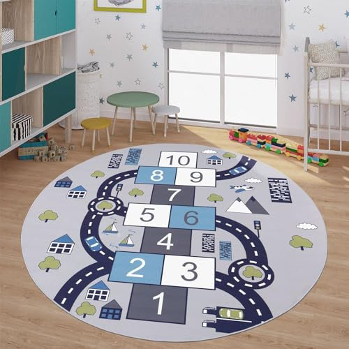 TT Home Kinderzimmerteppich Teppich Junge Mädchen Kinderteppich Baby rutschfest Straße, Farbe: Grau, Größe:200 cm Rund