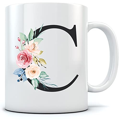 HotScamp Letter C Floral Initial Flowers Watercolour Monogrammed Mug for Tea and Coffee - Florals Pretty Vintage Wedding Monogram Work School WFH Home Office Girl Boss Mum One Size Natural