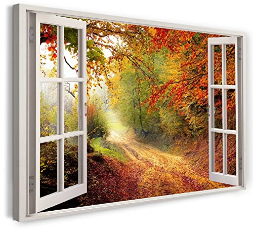 Printistico Bilder Fensterblick 100x70cm Baumwoll-Leinwand auf Keilrahmen mit Aufhänger moderner Kunstdruck XXL Wandbilder Wand-Dekoration Wald Weg Herbst Blätter Bäume Natur - Natur-Fotografie