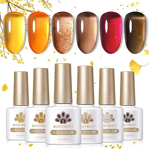 BORN PRETTY 10ML UV Nagellack Braun Rot, Durchsichtig Gelee Kristall Shellac Set Herbstfarben Orange Glitzer Gel Nagellack UV Lack Nagellack UV LED Nagellack Halloween 6CPS Kit