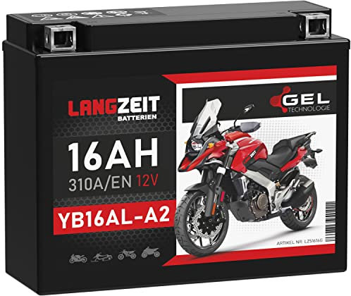 LANGZEIT YB16AL-A2 GEL Motorradbatterie 16Ah 12V 310A/EN GEL Batterie 12V entspricht 51616 GEL12-16AL-A2 Batterie doppelte Lebensdauer wartungsfrei