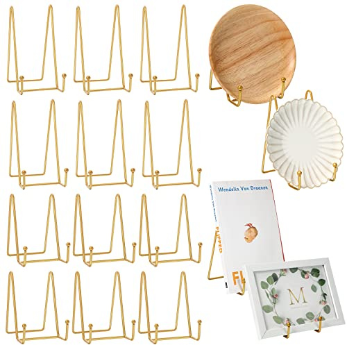 12 Stück Tellerständer für Display, Metall, Foto-Staffelei, Ständer, Buchhalter, Tellerhalter, Bilderständer für dekorative Ausstellungen, Staffeleien, Bilderrahmen, Ständer, Tellerregal (Gold, 10,9