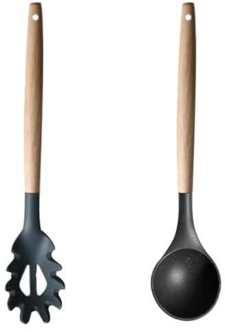 Housoutil 1 Set Silikon Nudelgabel Holzgriff Spaghetti Utensilien Lebensmittelecht Nudellöffel Nudelkocher Hitzebeständiger Küchenspatel für Kochutensilien Grau
