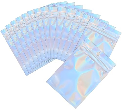 100pcs Mylar Bags,Holographic Bags Ziplock Baggies,Resealable Pouch for Small Business Packaging,Sample Bag Foil Zipper Pouch Smell Proof Bag (10.5x15cm - 100 pcs, Holographic)