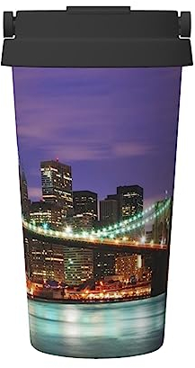 OHWODA New York Night Tasse à café portable isotherme avec couvercle en acier inoxydable 500 ml