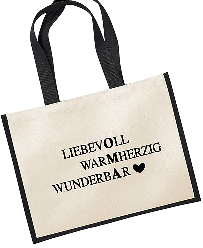 Huuraa Jutetasche Liebevoll Warmherzig Wunderbar Oma Geschenk 21 Liter Black Jute und Baumwolle Einkaufstasche Liebevoll Warmherzig Wunderbar Geschenkidee
