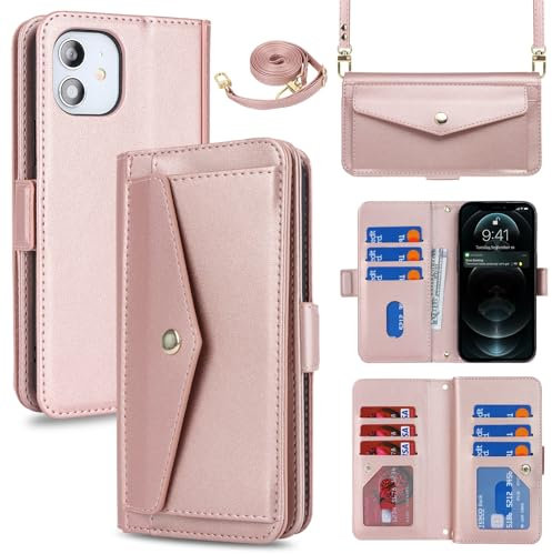 Zouzt for iPhone 12/12 Pro Wallet Case for Women, Purse with Credit Card Holder Slots Crossbody Lanyard Strap Flip Folio Book Shockproof Protective Cover for Apple iPhone 12/12 Pro 6.1 Inch (Pink)