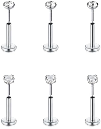 FECTAS 6pcs Threadless Push-In Knorpel Tragus Helix Piercing Schmuck Flat Back Stud Ohrringe Edelstahl 16G 6mm Lip Bars Labret Stud Lip Ear Medusa Piercing 2mm CZ Silber