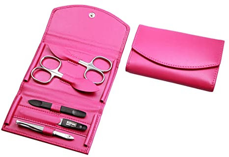 Maniküre Set - 5 teiliges Nagelpflegeset - Echtes Nappa-Lammleder Manicure Etui - Nagelschere, Hautschere, Nagelfeile, Pinzette und Doppelinstrument (Pink)