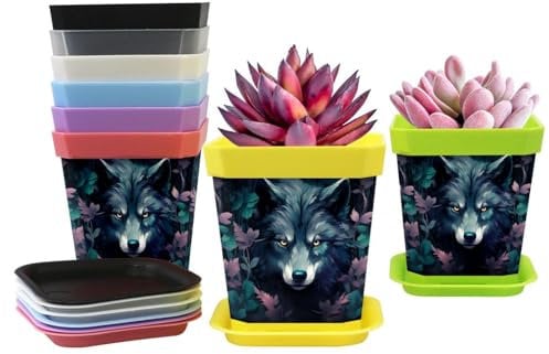 Lot de 8 pots de fleurs avec bases - Motif loup mignon - Petits pots pour plantes grasses intérieur/extérieur - Pour jardin et chambre d'enfant