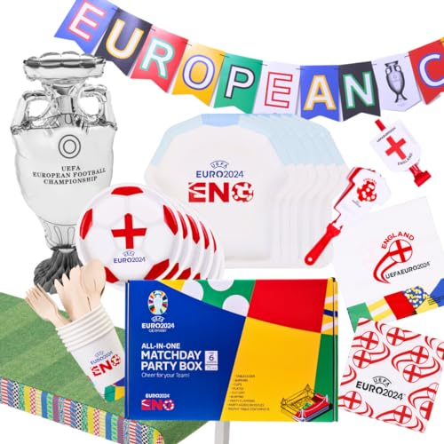 75Pcs EURO2024 Official Licensed England Flag Decoration Football Party Supplies for 6 Guests, Includes Trophy Balloon & Clappers, Blowers, Banner, Tablecloth, Plates, Napkins, Cups, Cutlery