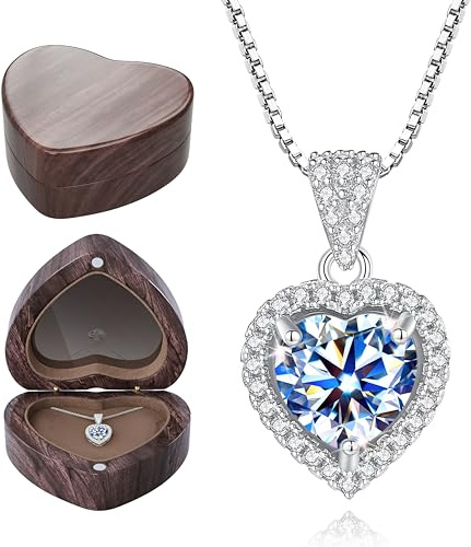 ATTALEN Sterling Silver Necklace Moissanite Pendant With Walnut Jewelry Box Gift For Her Woman Wife Girlfriend Daughter Present For Birthday Valentine Wedding Anniversary