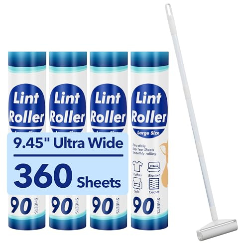 Large Lint Rollers for Carpet, 9.45'' Sticky Rollers for Floor with 360 Sheets, Extendable Long Handle Sticky Mop for Cleaning Couch, Curtains, Cars, Clothing, and Pet Hair