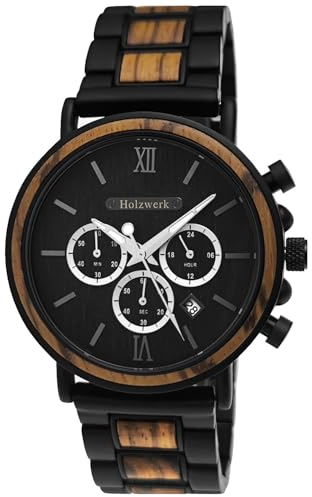 Holzwerk Germany Handgefertigte KERPEN Designer Herren-Uhr Öko Natur Holz-Uhr Chronograph Armband-Uhr Analog Quarz-Uhr Braun Schwarz Grau Römische Ziffern Datum Holz (Holzwerk.Braun)
