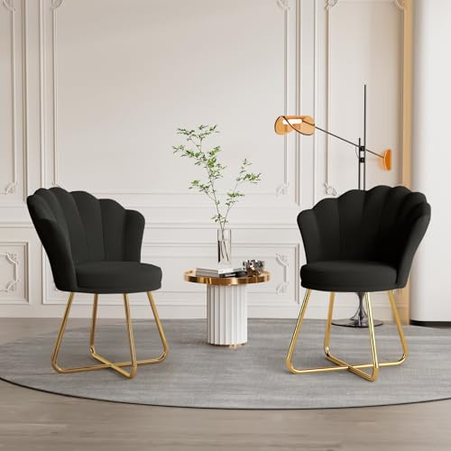 Hawthyhome 2er-Set Schminktisch-Stühle aus Samt, Goldgestell, Schwarz | 2er-Set; Blütenblatt-Rückenlehnen; gepolsterte Sitzflächen; goldfarbenes Metallgestell; Schminkbereich & Schlafzimmer