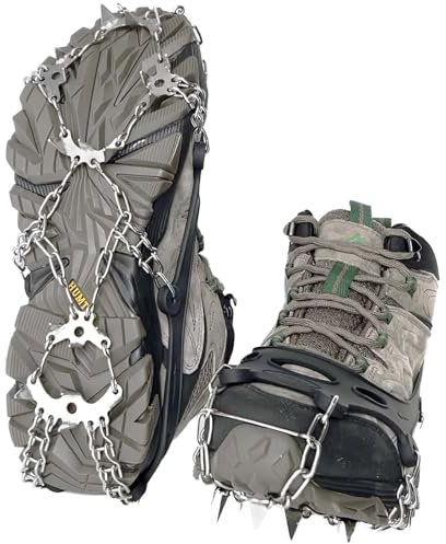 EWENYS Crampones para Botas de montaña con 19 Clavos de Acero Inoxidable, Garras Antideslizantes para Invierno y Hielo, para Mujer y Hombre, para Senderismo, Escalada, Pesca
