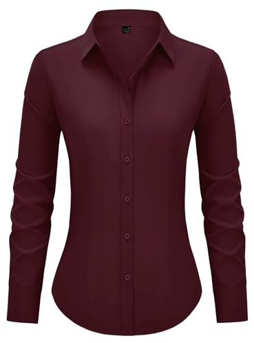 Button Down Shirts for Women Fitted Dress Shirt Wrinkle Free Collared Blouse Work Business Office Attire Fall Outfits, C5-burgundy, XS