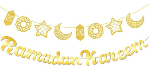 Ramadan Kareem Girlande Gold,2 Stk Glitzer Ramadan Deko Girlande Banner,Stern Mond Laterne Ramadan Mubarak Dekoration,Eid Mubarak Ramadan Girlande für Lslamic Familie Festival Party,Ramadan Dekoration
