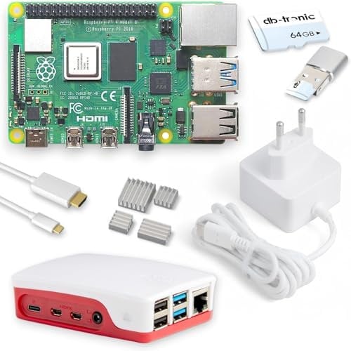 Raspberry Pi 4 1GB Starter-Kit | USB-C Netzteil 15W | Gehäuse | 64GB Edition | 4k Micro HDMI Kabel | Kühlkörper Set