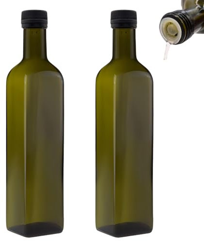 2x Ölflasche 500ml mit Ausgießer grün/braune Ölspender Glasflasche mit Dosierer und Etiketten