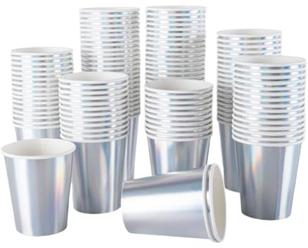 CEILIWEN 100 Pack 9oz Iridescent Holographic Rainbow Paper Cups - 250ml Shiny Metallic Silver Party Cups for Hot & Cold Drinks