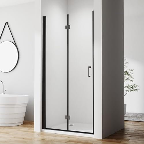 Duschkabine in Nische 100 x 195 cm Falttür Schwarz Nischentür, Faltbar Glas Duschabtrennung Duschtür Dusche aus 6mm ESG Sicherheitsglas mit Nano beschichtung, Faltbare Duschwand Höhe 195cm