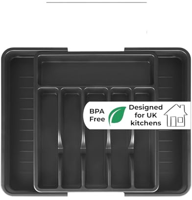 Expandable Cutlery Tray Drawer Organiser, 20% Thicker BPA-Free Plastic, Fits 99% UK Kitchen Drawers, No Assembly, Black Kitchen Drawer Organiser for Utensils, Knives & Cutlery