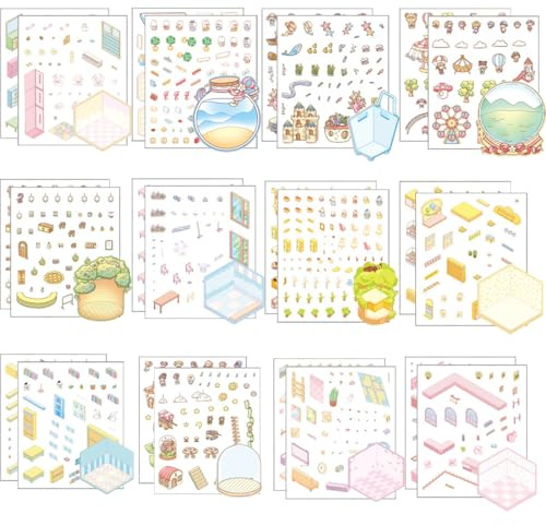 DIFLAX 12 Stück Sticker maker, 3D Aufkleber, Szene Aufkleber, Sticker, DIY Aufkleber, Niedliche 3D Szene, Für Kaffeehaus, Restaurant, Supermarkt, Erwachsene und Kinder, Cute und Kreativ