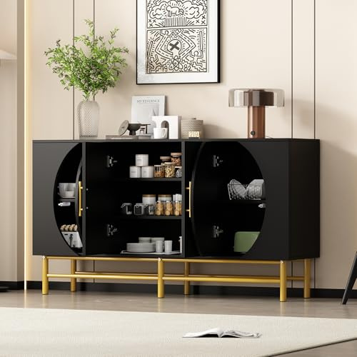 GuannCraft Sideboard mit 4 Türen und geriffeltem Griff – platzsparendes Buffet aus Holz mit gerippten Türen, Esszimmerschrank (Schwarz)