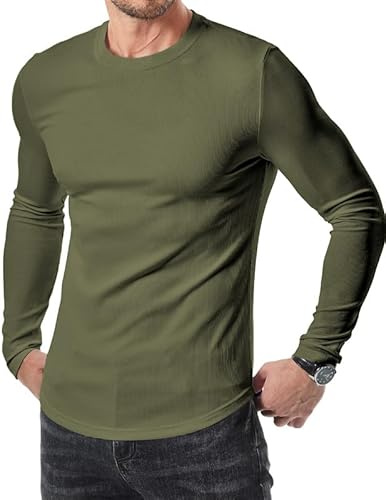 Elegancity Men's T Shirt Long Sleeve Casual Stretch Slim Fit Sweatshirts Ribbed Gym T-Shirts for Men Training Sport Tops,Green M