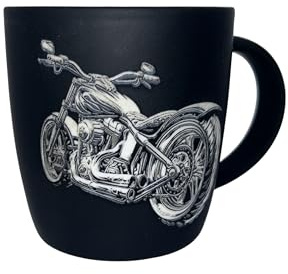 Tasse aus Porzellan/Außen gummiert/ 300ml – schwarz/Personalisiert/Geschenkverpackung/mit Tier-Motiven/oder nur Text Lasergravur (Schwarz, Motorrad)