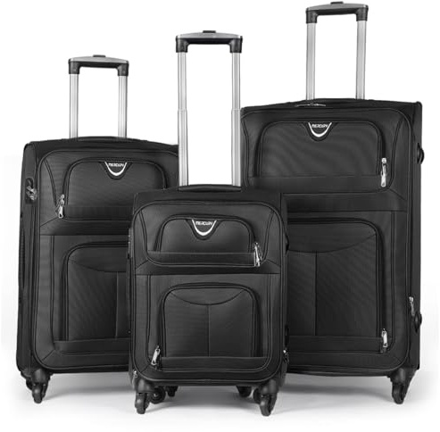 MERCURY TEXTIL - Juego de Maletas 3pcs de Tela (Negro) | con 4 Ruedas Giratorias 360°, Expandible (Cabina, Mediana y Grande), Cierre de Seguridad - Ideal para Viajes y Vacaciones
