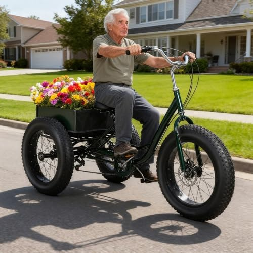 Tacarlha Adult Tricycle with Fat Tire, 7-Speed & Dual Brakes,20x4 Fat Tires, 450lbs Capacity, Rear Basket Included. Smooth Cruiser for Commuting, Beach, or Daily Errands. (XL)