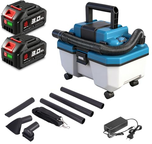 ONEVAN Aspirador de Agua y Polvo Inalámbrico 2-en-1, con 10L & 2x3,0Ah | 300W Motor, 22KPa Succión, 3 tubos extensibles & boquillas, 2m manguera, cargador rápido, Para virutas madera, taller, coche