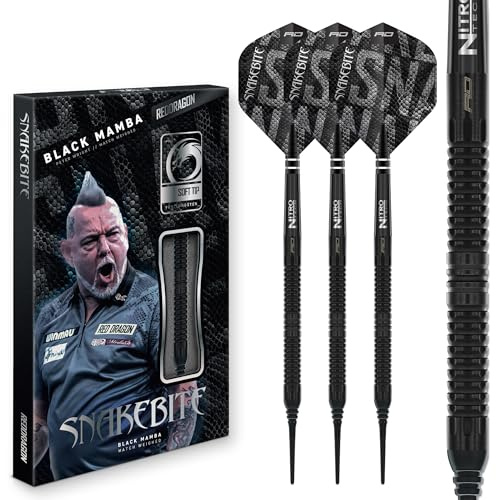 RED DRAGON Darts - Profispieler - Peter Wright 'Snakebite' | Black Mamba Serie Dart Pfeile | 90% Tungsten Profi Dartpfeile - Beinhaltet Dartflüge & Schäfte | 18g Weiche Spitze & 22g, 24g Steeldarts
