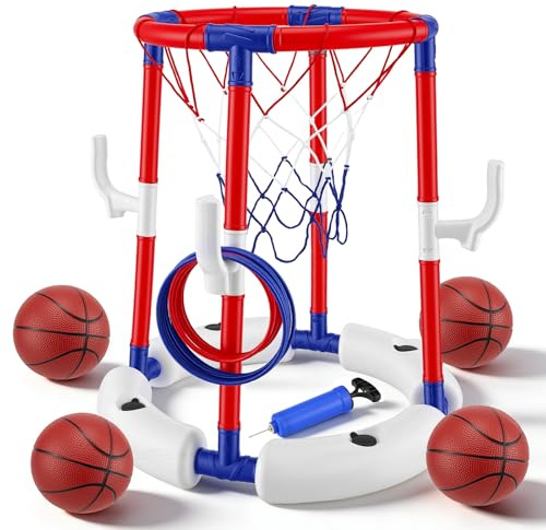 2-in-1 Floating Pool Basketball Hoop Set, Poolside Basketball & Ring Toss Game with 4 Balls, 12 Rings & Air Pump, Water Basketball Game for Kids Adults, Summer Swimming Party Toy