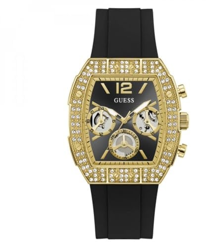 Guess Herren Armbanduhr GW1069G2 Phoenix Quantum, 44 mm Edelstahl Gold Schwarz, Chronograph, Quarz, Mineralglas, Zirkonia, 5 ATM, Silikonarmband