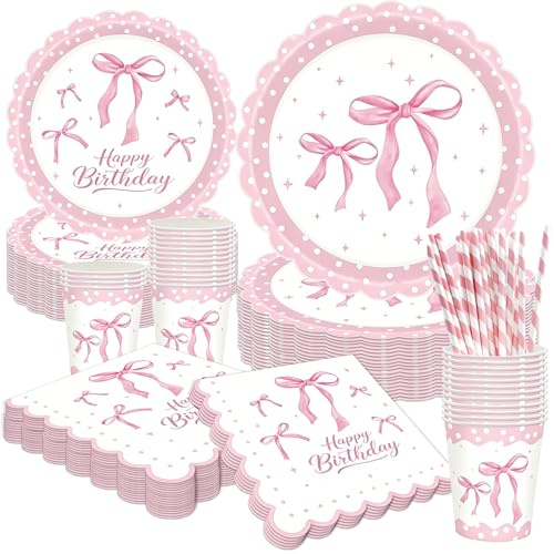 YOUYIKE 80 Pièces Vaisselle Anniversaire Noeud Rose avec Assiettes Carton Serviettes Papier Gobelets Carton Pailles Papier pour 16 Personnes, Decoration Anniversaire Fille Princesse Rose