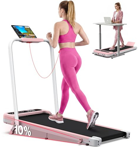 Cardirun Tapis Roulant Elettrico Salvaspazio 10%, 6 in 1 Tapis Roulant Pieghevole, Walking Pad 1-10 km/h, 3,0 HP, 150Kg, Display LED, App, Bluetooth, per Casa e Ufficio (Rosa)