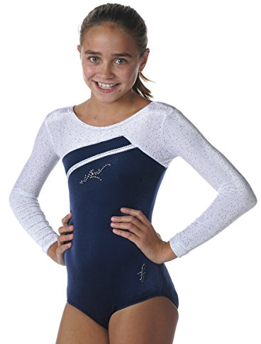 Fischer 8035 Schöner Gymnastikanzug mit Glitzerstreifen und Glitzerstoff Samt, Ökotex 100 zertifiziert, Größe: 128, Farbe: marine-blau